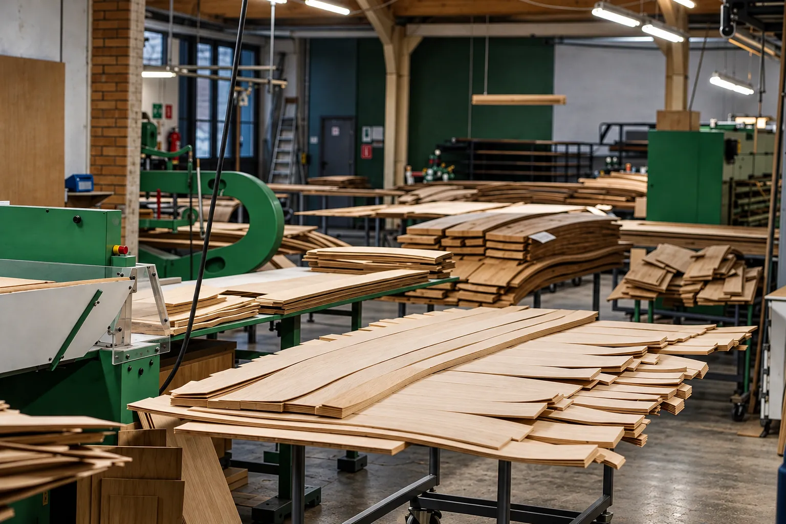 Werkstatt mit zugeschnittenen Furnierstreifen